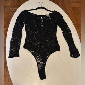 Black Lace Long Sleeve Bodysuit thong